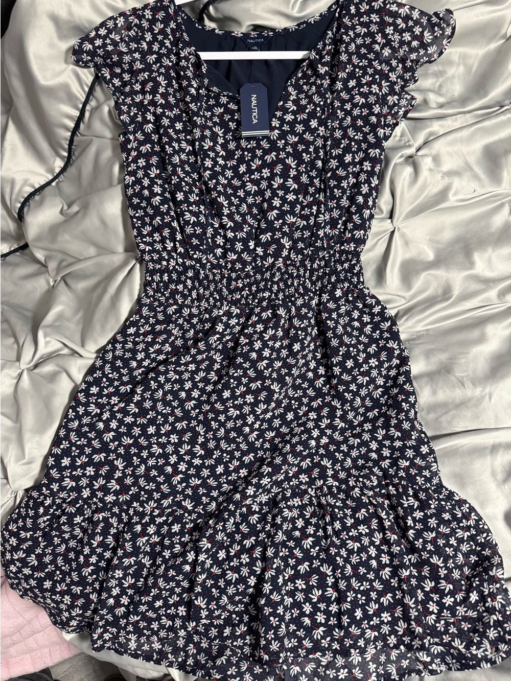Nautica Navy Blue Floral Ruffle Mini Dress
